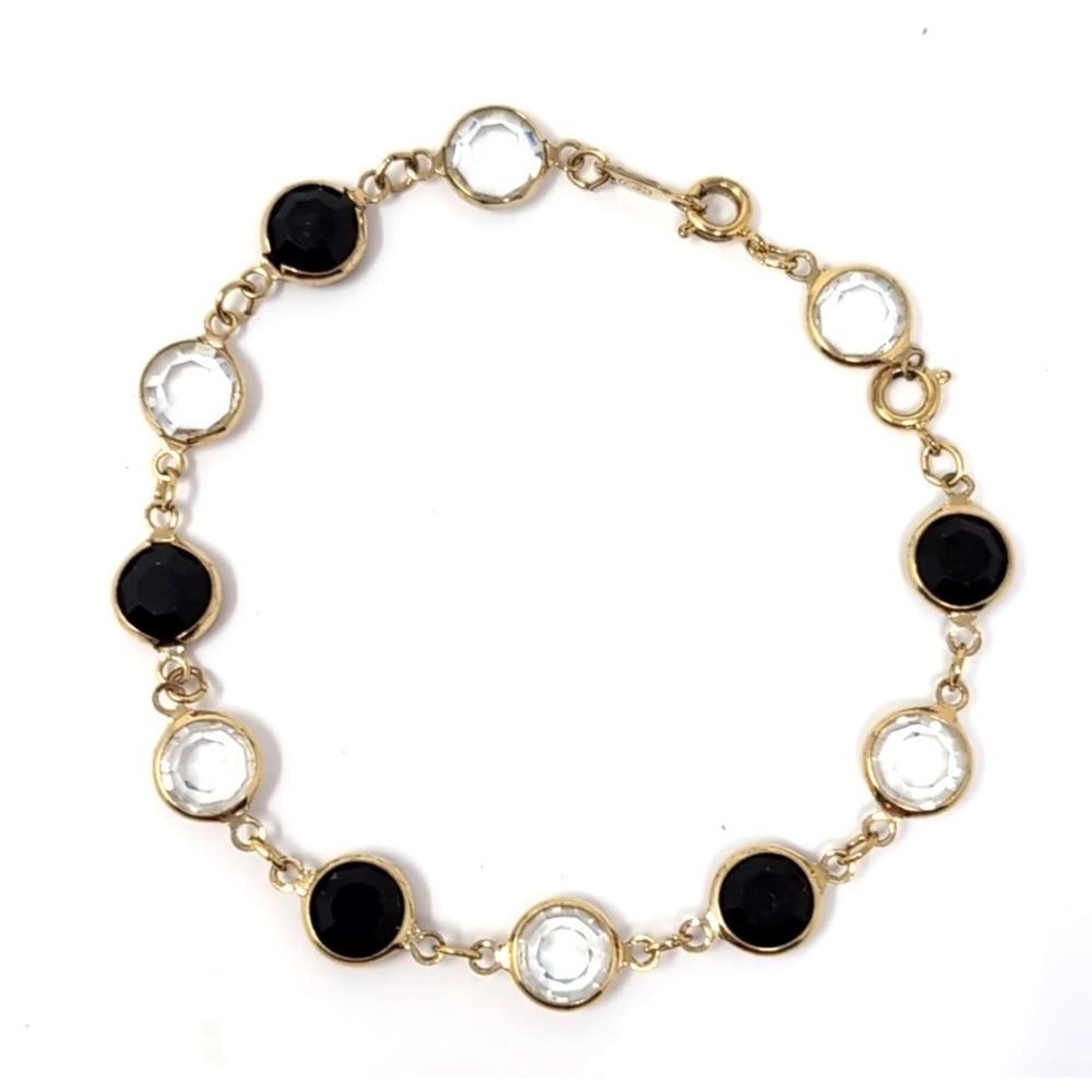 VTG 90s Swarovski Black Clear Crystal Bezel Link‎ Bracelet Gold Tone 7.5-8 inch